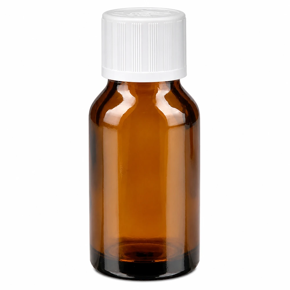 30 ml brun glasflaska med vitt barnsäkert lock och 1,2 mm droppinsats för apotek