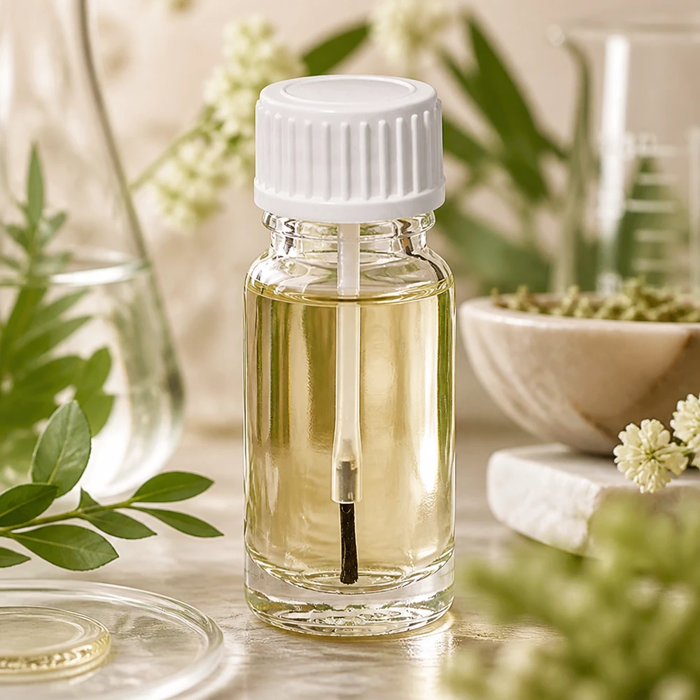 Penselflaska 10 ml med vit kork och naturliga växter, klarglasflaska UT18/10 för eteriska oljor