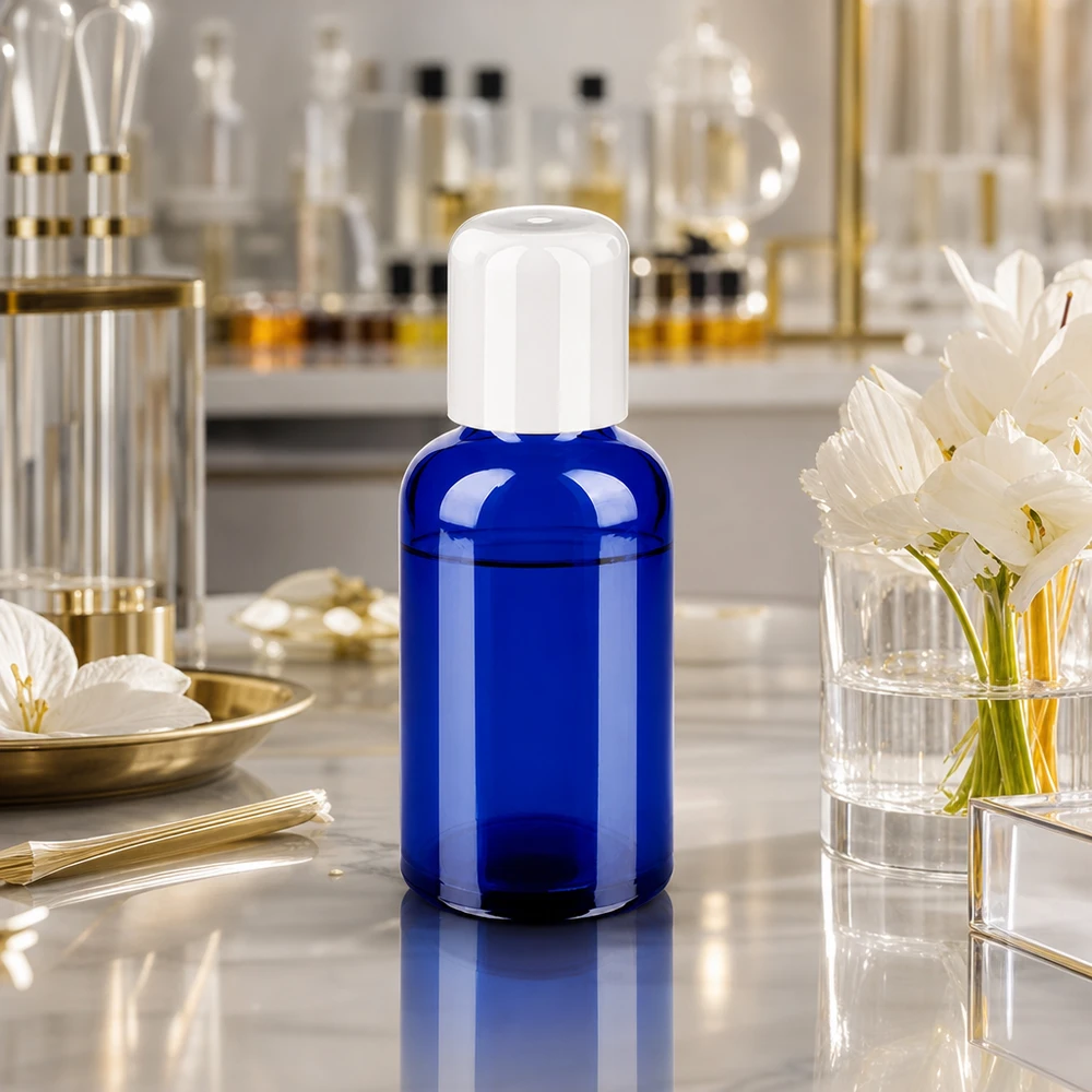 50 ml BlueLine roll-on-flaska med vitt lock STD UT18/50 för professionella kosmetiska applikationer