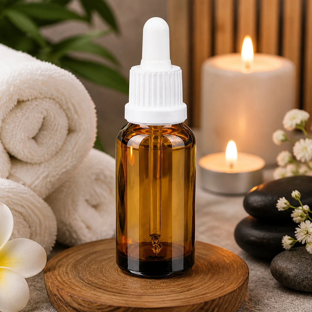 20 ml pipettflaska vit med säkerhetsförslutning BrownLine UT18/20 Professionell pipettflaska 20 ml brun med vit droppare för spa- och wellnesstillämpningar