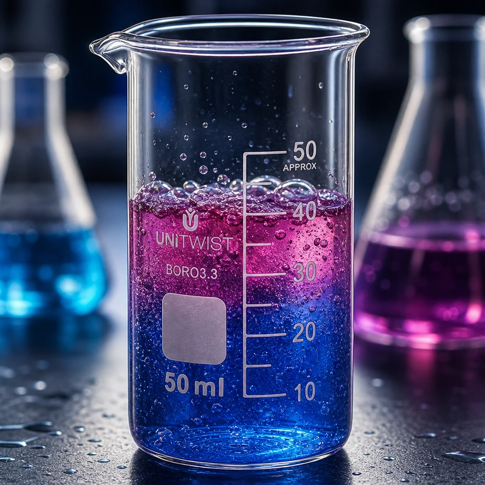 Bägare 50ml borosilikat, högformad UNiTWIST 50 ml högt bägarglas av borosilikatglas 3.3 med blå-violett reaktionsvätska och bildning av bubblor