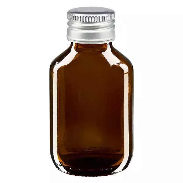 100 ml medicinflaska brun, med silverfärgat aluminiumlock ApoGlas 100 ml medicinflaska brun, med silverfärgat aluminiumlock ApoGlas