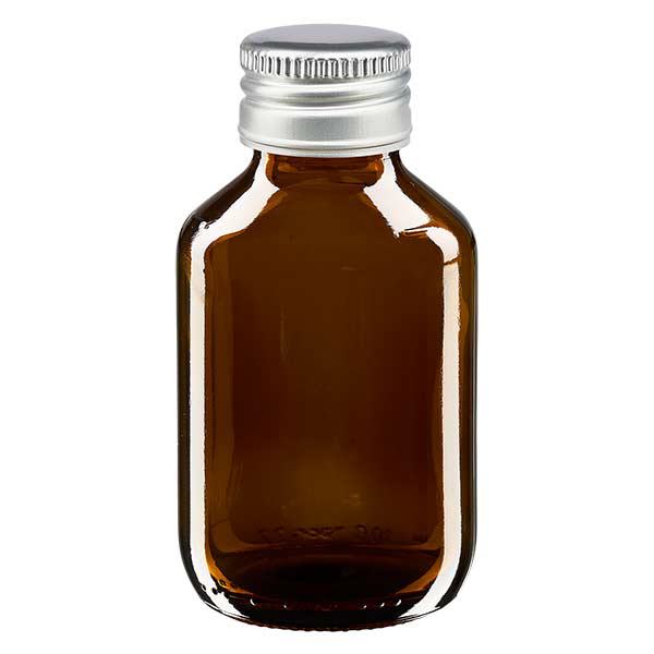 100 ml medicinflaska brun, med silverfärgat aluminiumlock ApoGlas 100 ml medicinflaska brun, med silverfärgat aluminiumlock ApoGlas