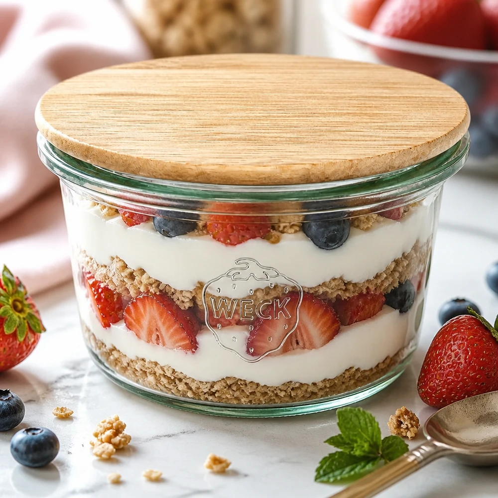 WECK minitumblers 50ml som dessertskål med yoghurt- och bärlagrad dessert och bambulock på ett vitt marmorbord