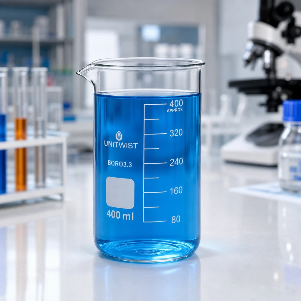 Bägare 400ml borosilikat, högformad UNiTWIST UNITWIST laboratoriebägare, 400 ml, högt borosilikatglas med blå vätska på ett vitt laboratoriebord