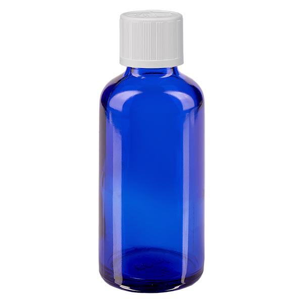 Apoteksflaska blå 50ml skruvkork vit barnsäker standard Apoteksflaska blå 50ml skruvkork vit barnsäker standard