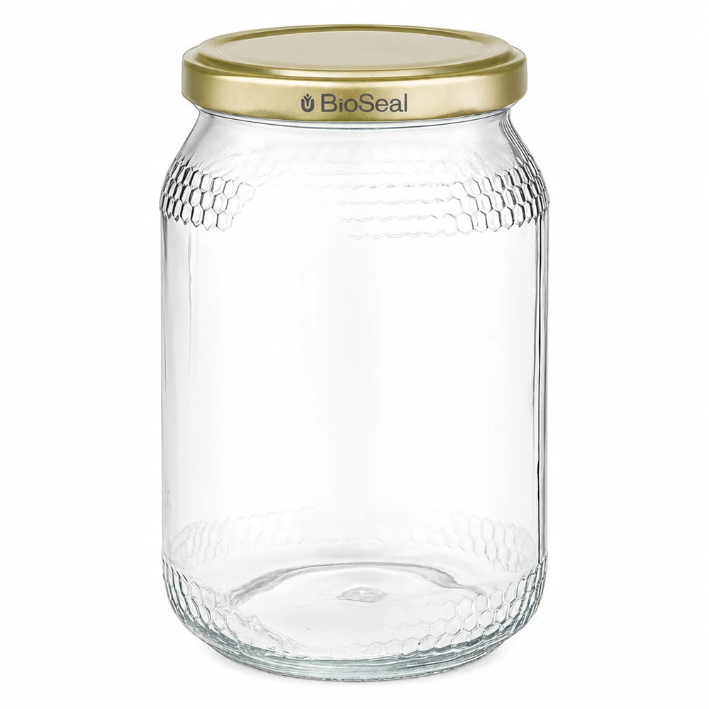 1260 g honungsburk med gyllene BioSeal UNiTWIST-lock 900 ml honungsburk med gyllene BioSeal UNiTWIST-lock, tom, transparent förpackning för biodlingshonung