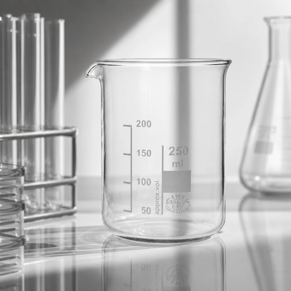 Exakt mätbägare på 250 ml tillverkad av transparent borosilikatglas för exakt volymmätning