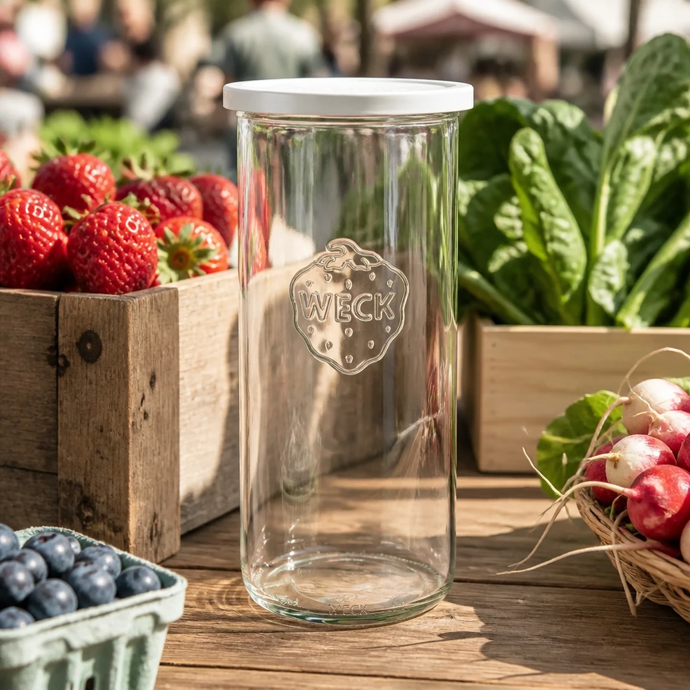 1500ml Krossade glasögon med lock WECK RR100 WECK Sturzglas 1500ml RR100 mit Frischedeckel zwischen frischem Gemüse und Obst auf Holztisch im Markt-Ambiente