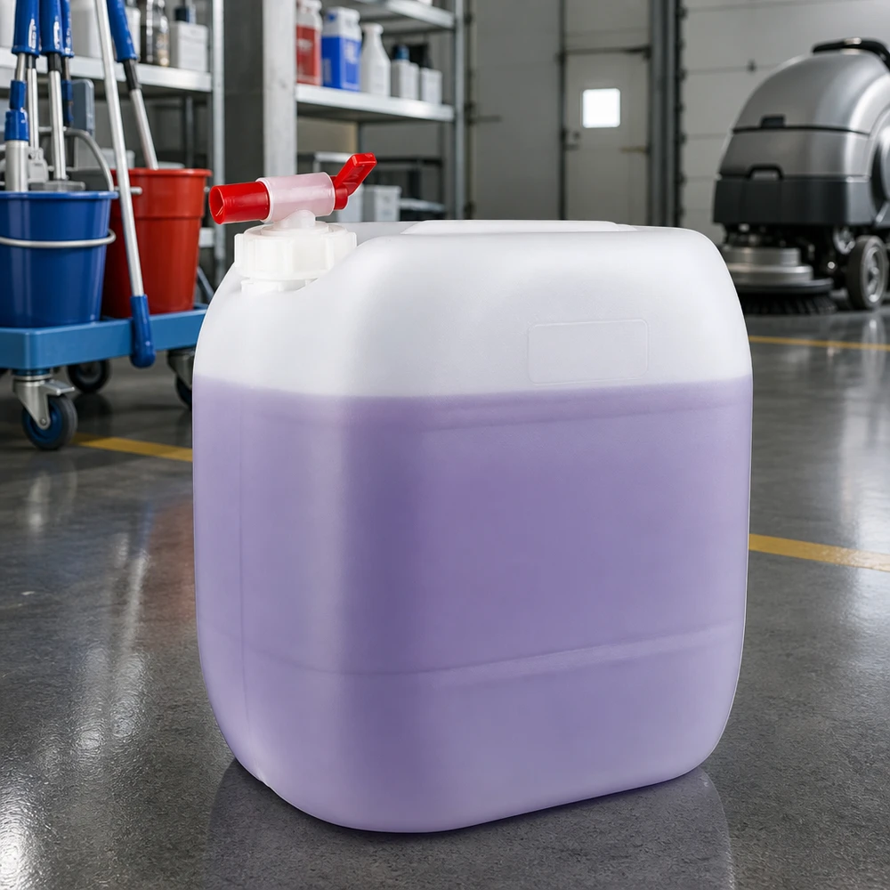 30 liters dunk med avtappningskran En 30-liters behållare med rengöringsmedel, innehållande en lila vätska och försedd med en röd utloppskran, i en industrihall