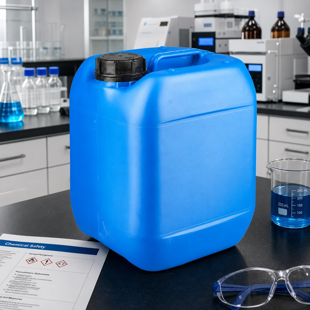 Rektangulär plastdunk, 5 liter, blå med svart OV-lock på laboratoriebordet