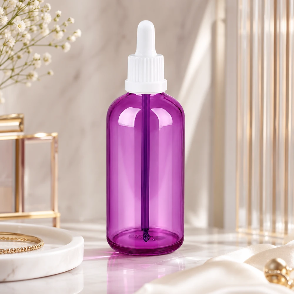 100 ml droppflaska med violett glas och ergonomiskt vitt pipettlock