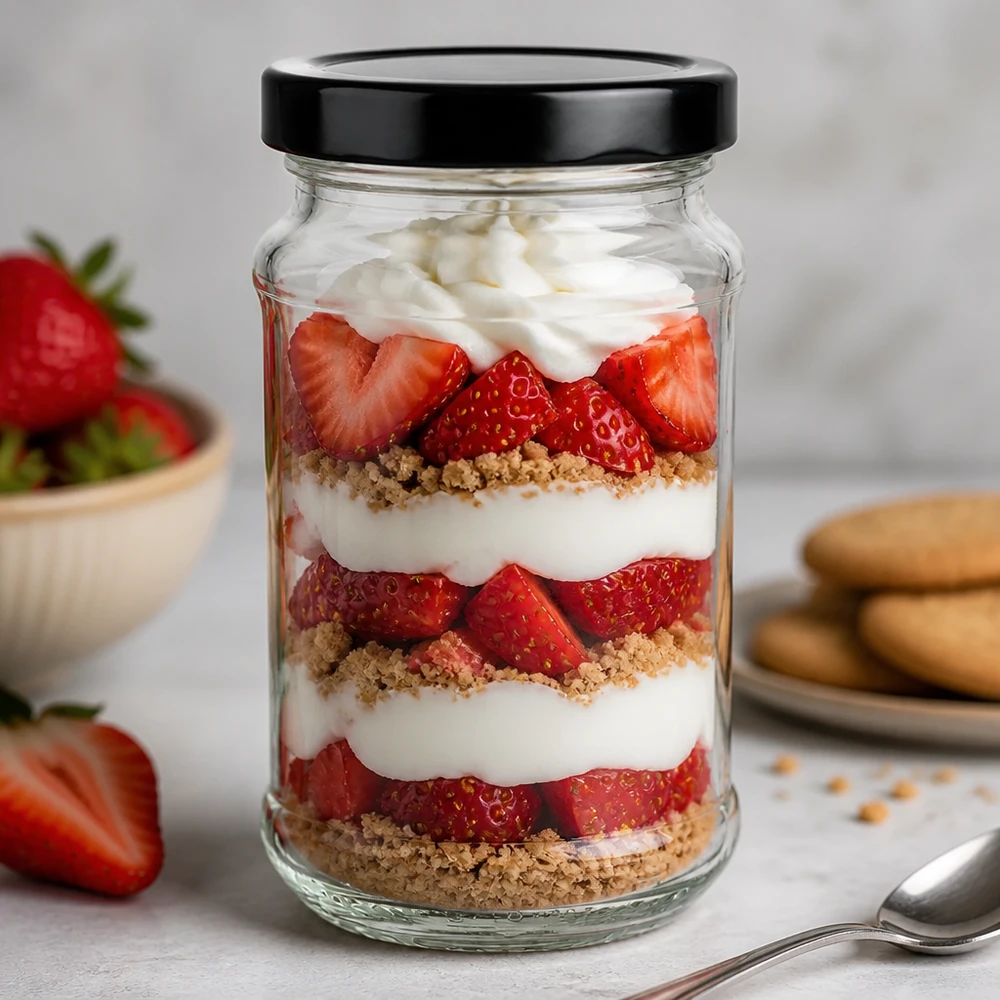 390ml rund burk + BasicSeal-lock svart djup UT 390 ml rund burk med svart BasicSeal-lock som dessertburk för jordgubbstrifle - perfekt för söta godsaker