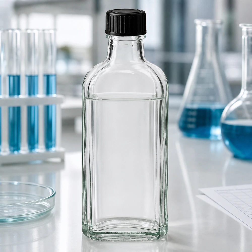 Genomskinlig Meplat-flaska, 100 ml, med LKD-tätningsskiva och svart lock i laboratoriet