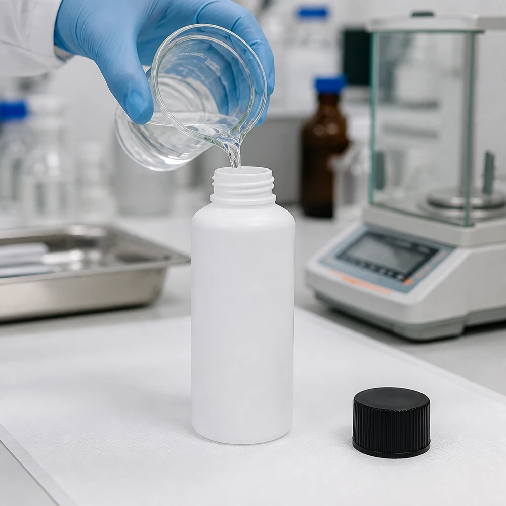 Apoteksflaska HDPE 30ml vit, med svart skruvlock Den klara vätskan hälls i en vit 30 ml HDPE-apotekflaska med svart skruvlock