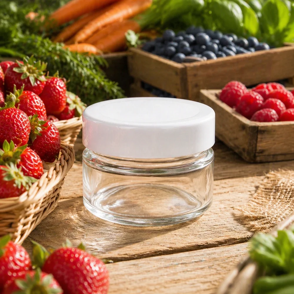 Rund glasburk 80 ml med lock BasicSeal vit djup UNiTWIST 80ml Rundglas mit weißem Deckel zwischen frischen Beeren - stilvolle Glasdose für natürliche Kosmetik und Cremes