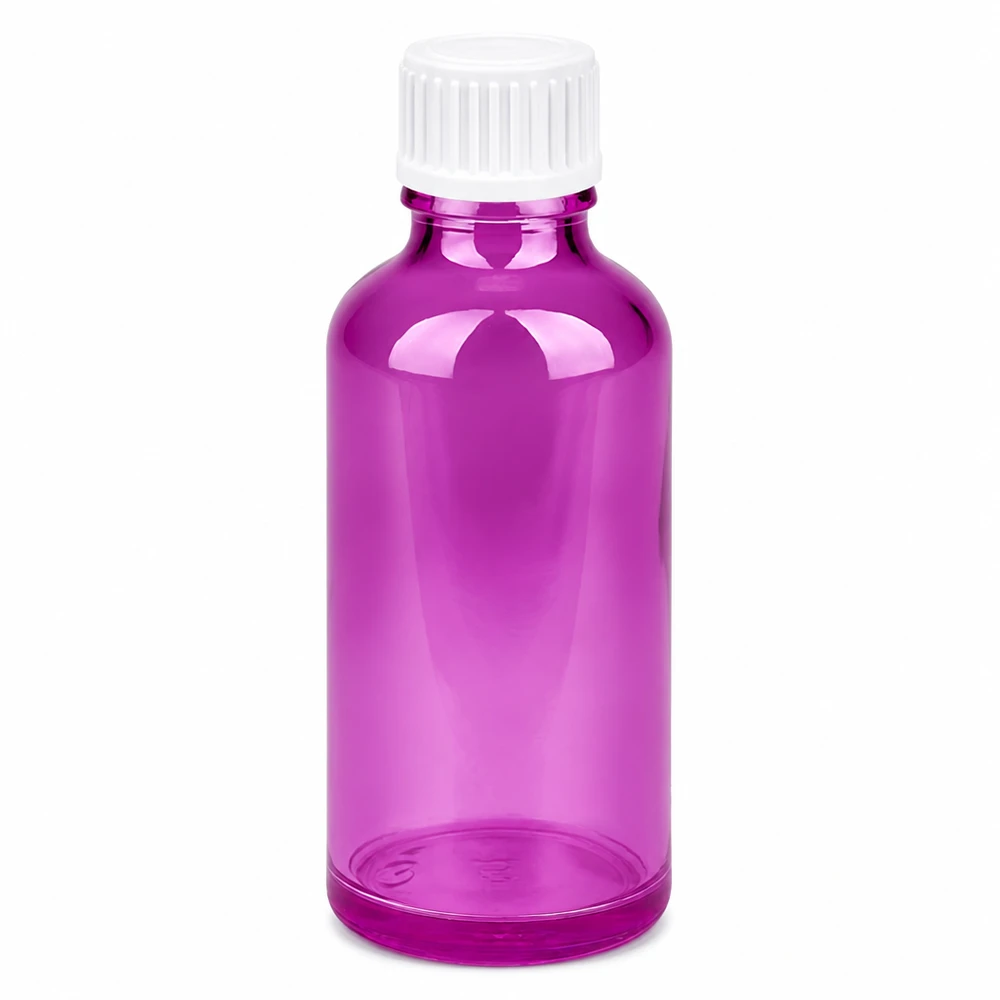 50 ml glasflaska med skruvkork i ljuslila färg för kosmetika och läkemedel