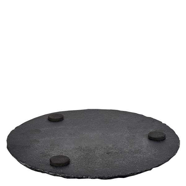 Serveringsfat skiffer rund Ø150mm Skifferplatta rund 15 cm med tre svarta gummifötter för ett halkfritt stativ på en vit bakgrund