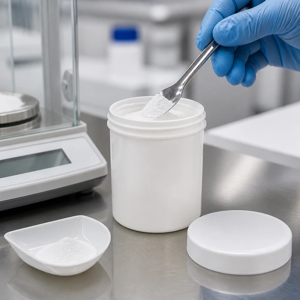 Salvburk 250g vit med vitt skruvlock (polypropylen) En handske med en spatel fyller en vit PP-salvburk på 250 g bredvid analysvågen i laboratoriet