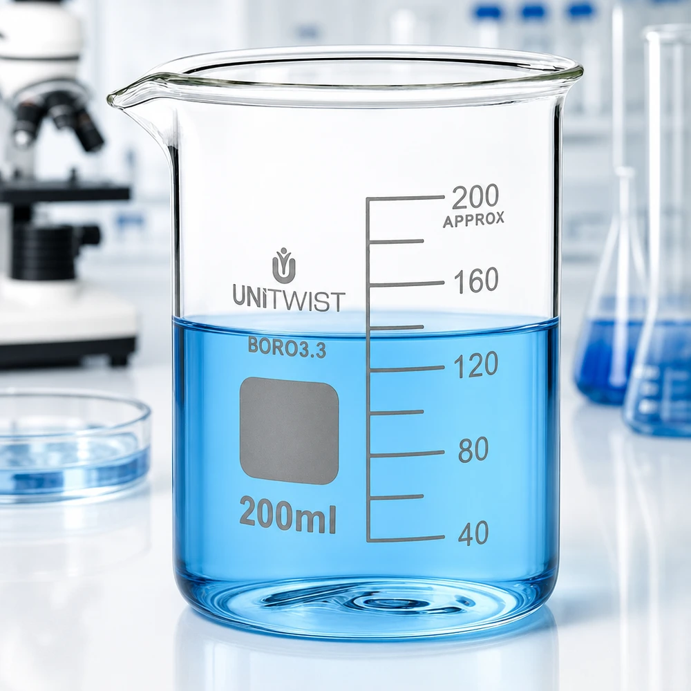 UNiTWIST bägare, 200 ml, borosilikatglas, låg form, med blå vätska i laboratoriet