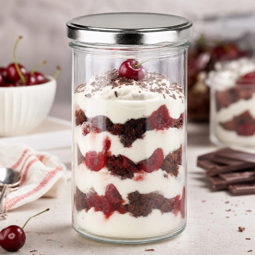 Mugg 277 ml med lock BasicSeal silver UNiTWIST 277ml Sturzglas mit silbernem BasicSeal Deckel gefüllt mit Schichtdessert Kirsch-Schokolade perfekt für Desserts