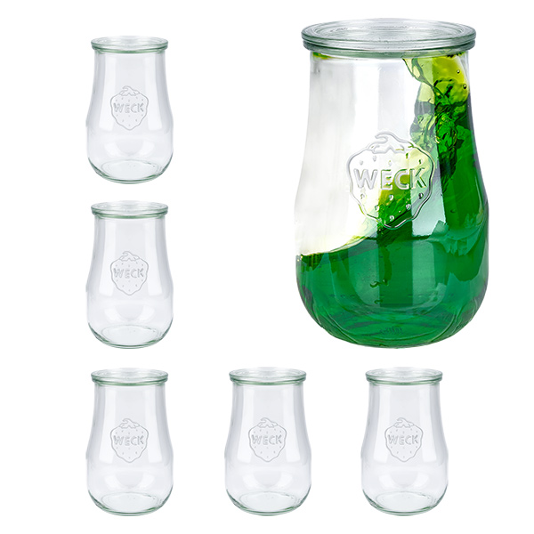 Set med 6 Weck-burkar, 1750 ml, tulpanformade burkar med 6 glaslock.