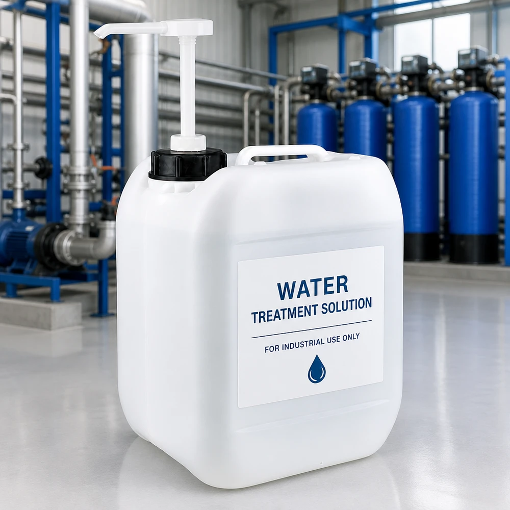 Dunk 5 liter med doseringspump Vit 5-liters behållare för vattenbehandling med doseringspump framför en blå anläggning för industriell vattenrening