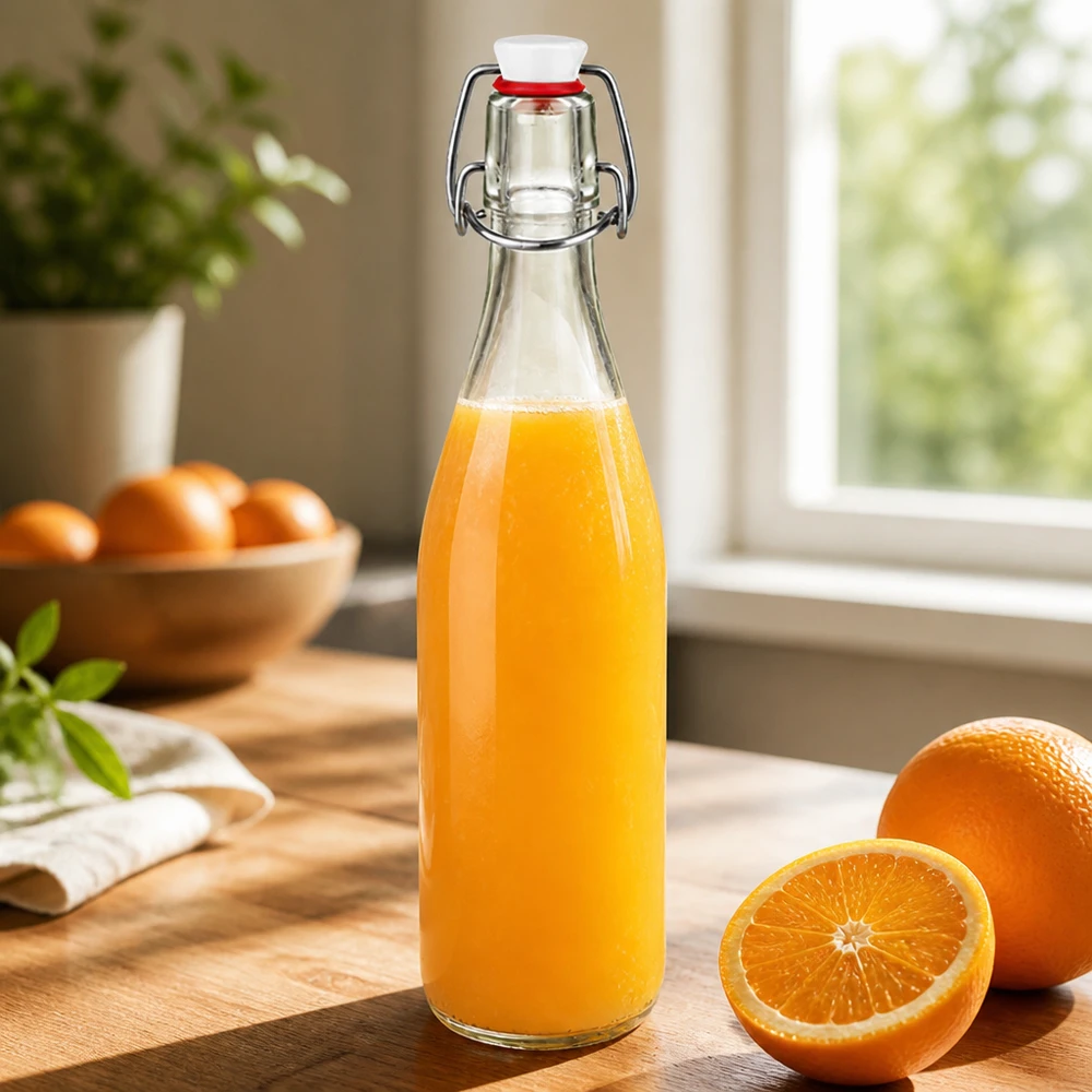 Glasflaska 500 ml med svängbart lock fylld med apelsinjuice på träbräda bredvid färska apelsiner i kök