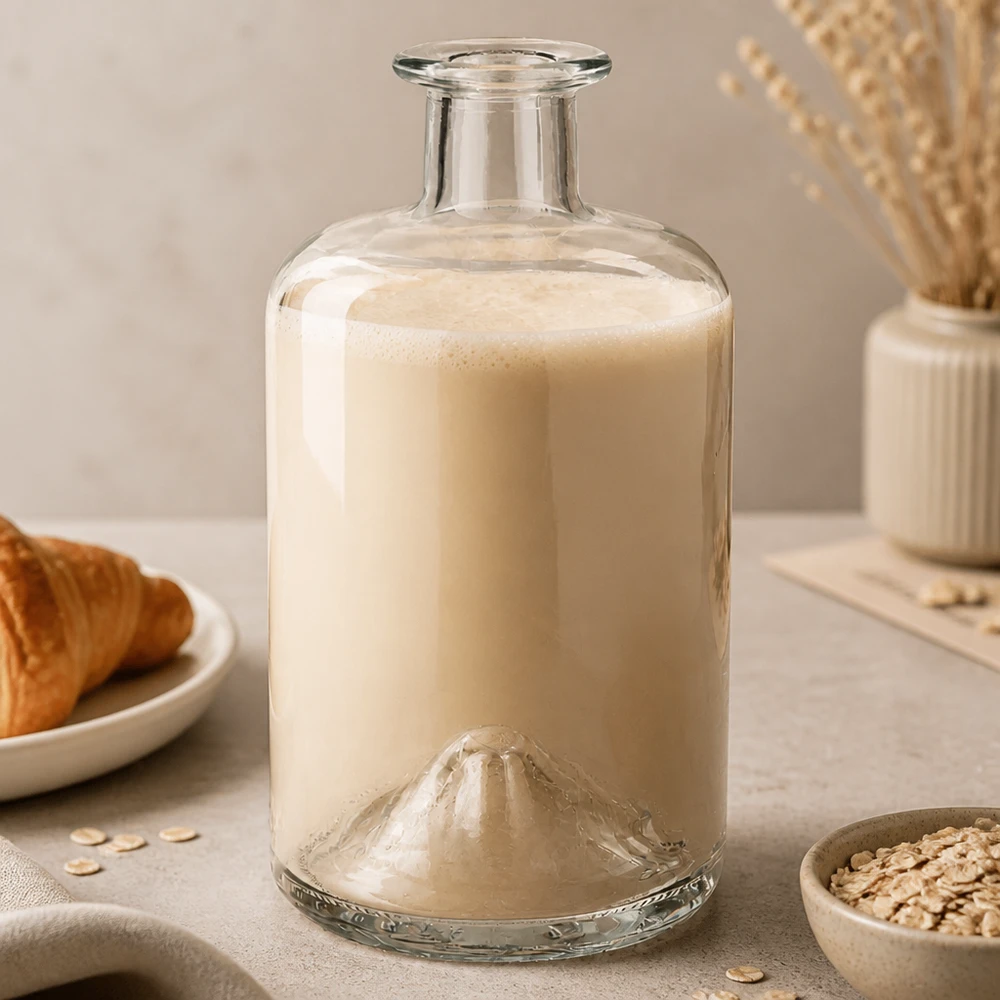 500 ml apoteksflaska Sofia fylld med havremjölk livsstil produktfotografering kök glas transparent tom