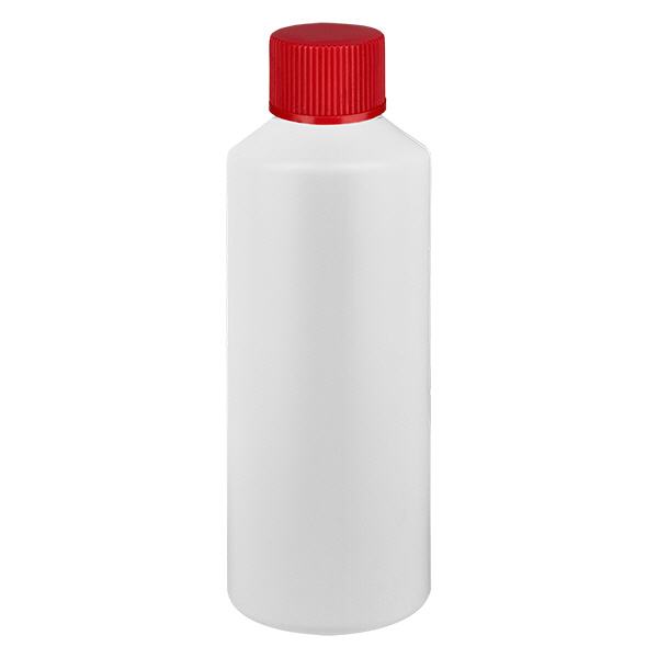 Apoteksflaska HDPE 100ml vit, med rött skruvlock Apoteksflaska HDPE 100ml vit, med rött skruvlock