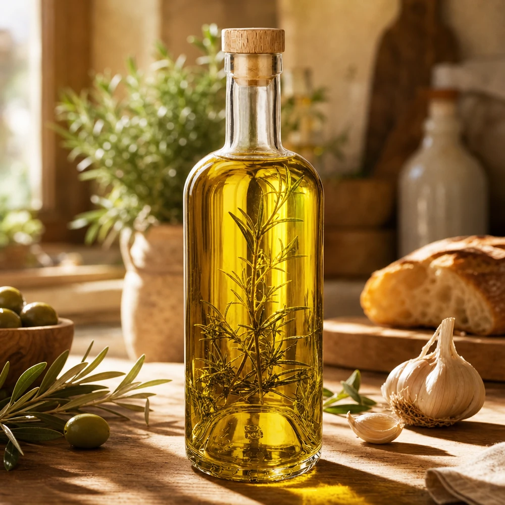 750 ml glasflaska Emma med kork med trähandtag UNiTWIST® 750ml Glasflasche Emma mit Holzkorken gefüllt mit Kräuteröl Rosmarin in mediterraner Küche mit Oliven Knoblauch Brot