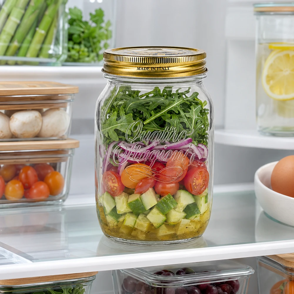 1000ml rund burk "Quattro Stagioni" med lock Quattro Stagioni 1000ml konserveringsburk med skiktade salladsgrönsaker Rucola i kylen Italiensk konserveringsburk