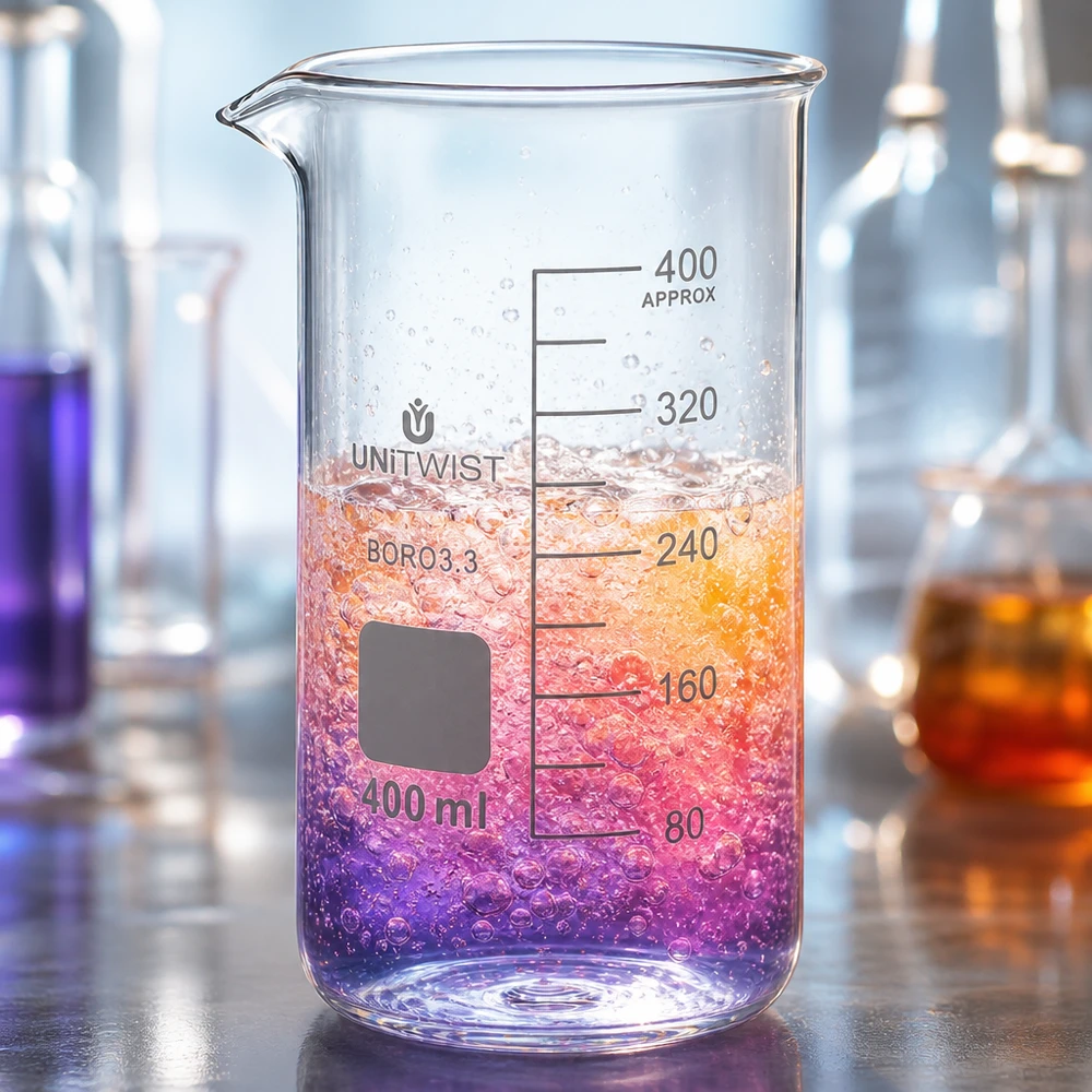Bägare 400ml borosilikat, högformad UNiTWIST UNITWIST bägarglas, 400 ml, hög modell med färgglad vätska och bubblor i en professionell laboratoriemiljö