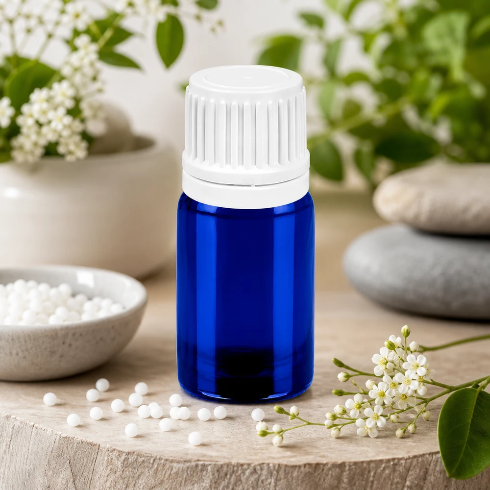5 ml Droppflaska 0,7 mm vit med säkerhetslock BlueLine UT18/5 Högkvalitativ 5 ml droppflaska i blått med vitt skruvlock för homeopati och naturläkemedel