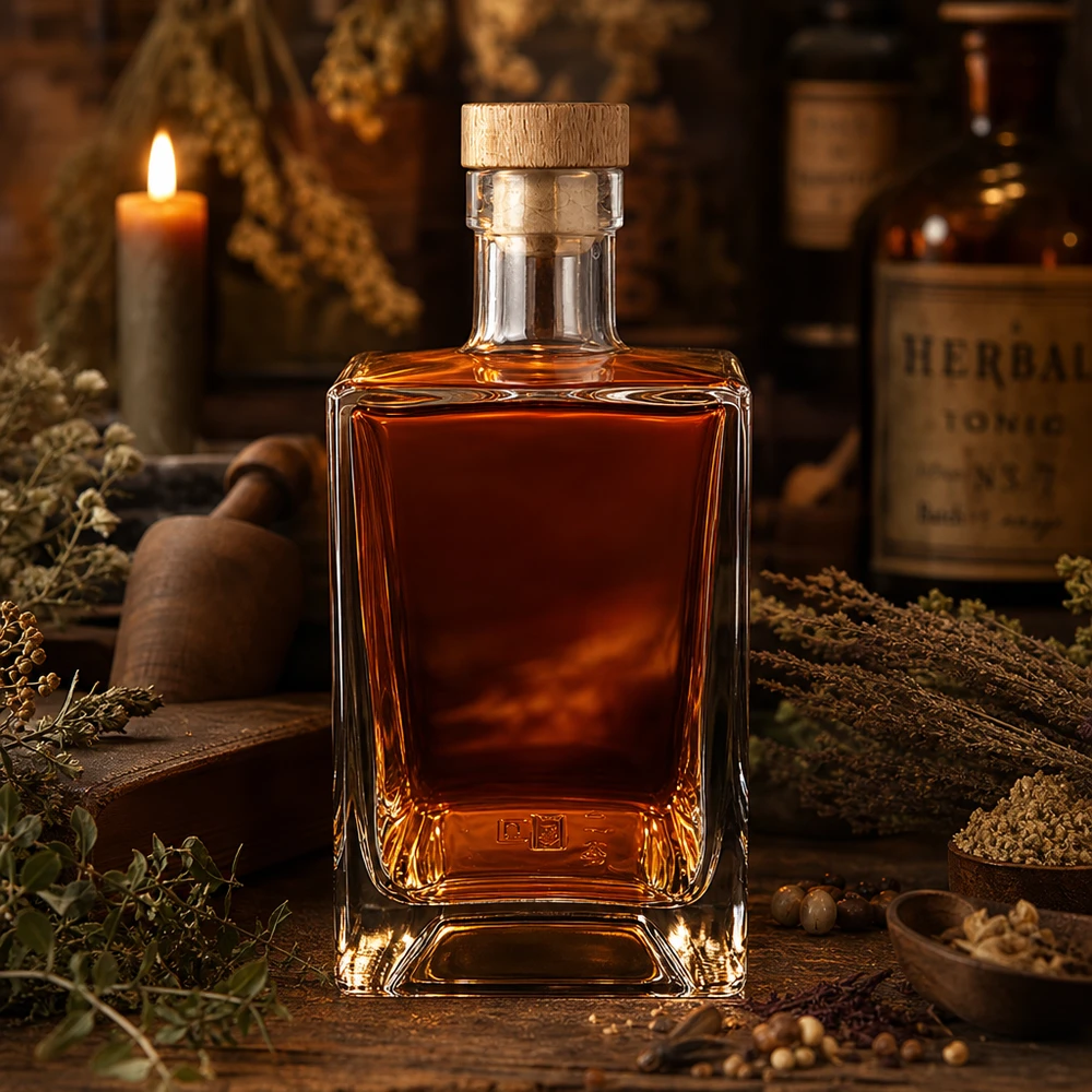 700 ml glasflaska Ben med kork med trähandtag UNiTWIST® 700ml glasflaska Ben fylld med whisky rustik ört ljus atmosfär brun sprit träkork UNiTWIST