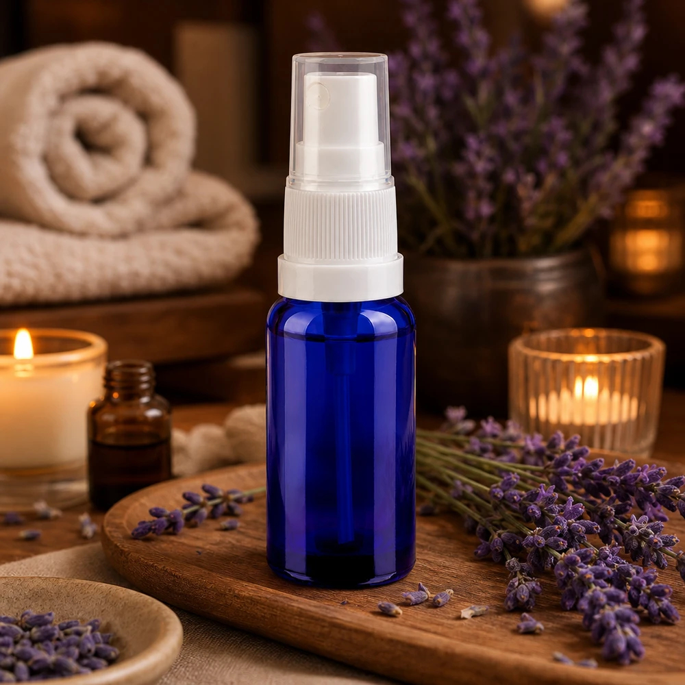 Transparent 20 ml sprayflaska av robust glas med vit pumpspruta för aromaterapi