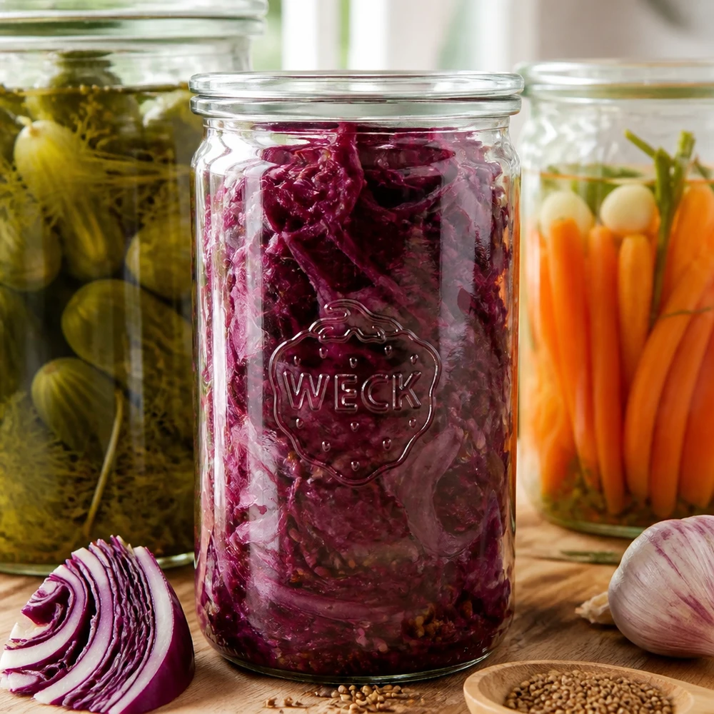 1590ml cylinderburk med glaslock WECK RR100 WECK konserveringsburk 1590ml RR100 med fermenterad rödkål bredvid inlagd gurka morötter på träskiva