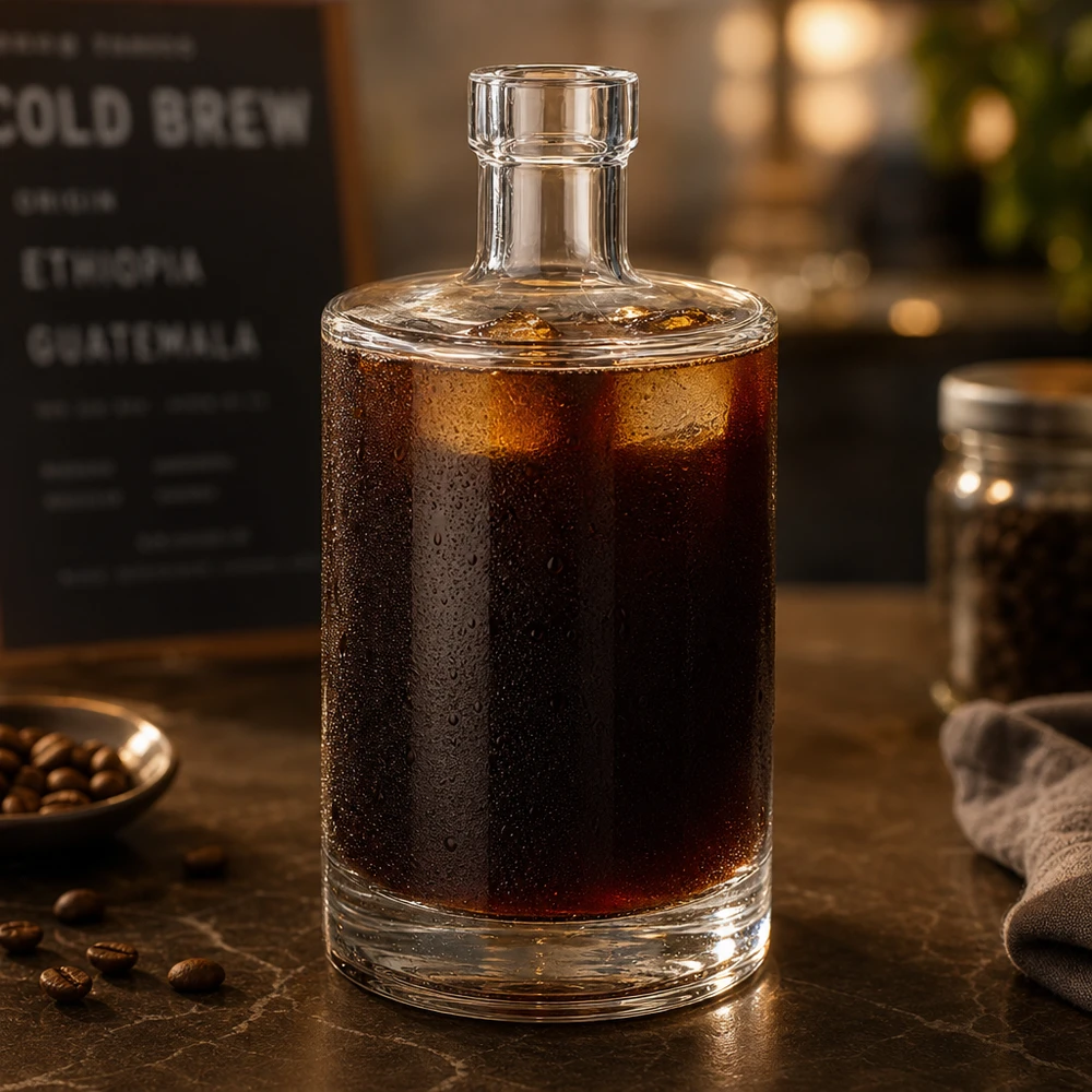 500 ml glasflaska Marie utan förslutning UNiTWIST® 500 ml glasflaska Marie fylld med kallbryggt kaffe visar lämpligheten för kalla drycker och caféatmosfär