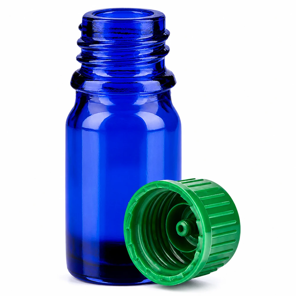 5 ml flaska 11mm skruvkork grön standard BlueLine UT18/5 5ml glasflaska blå med gänga 11mm SV grön STD BlueLine UT18/5 för eteriska oljor