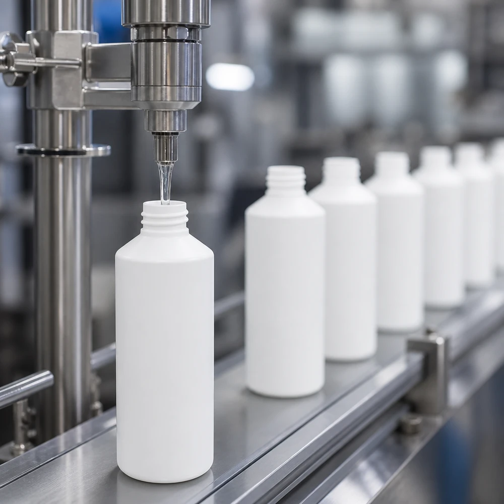 Apoteksflaska HDPE 100ml vit, utan lock Automatisk påfyllning av vita HDPE-apotekflaskor à 100 ml på ett industriellt transportband