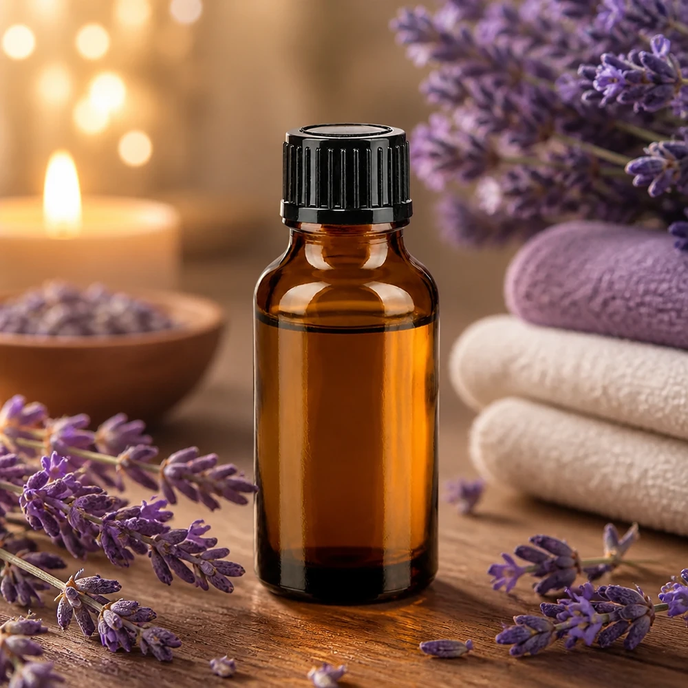 Apoteksflaska brun 20ml skruvkork svart standard Liten brun apoteksflaska på 20 ml med lavendelblommor på träbakgrund
