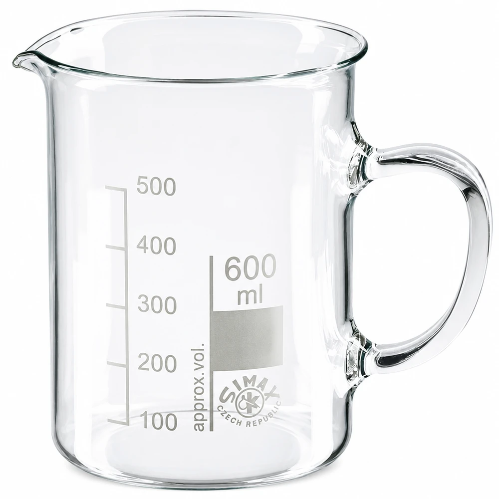 Bägare 600 ml borosilikatglas, med handtag Bägare på 600 ml av borosilikatglas med handtag och milliliterskala upp till 500 ml