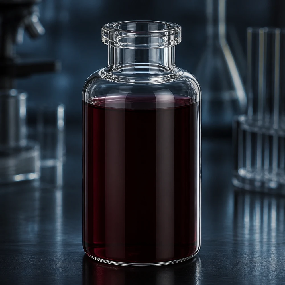 Injektionsflaska klarglas 30ml Medizinische Klarglasflasche 30ml fast vollständig befüllt mit dunkelroter Injektionslösung