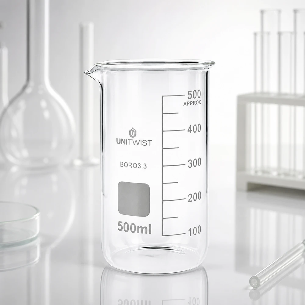 Tomt, genomskinligt laboratoriebägareglas, 500 ml, hög modell UNITWIST med måttskala mot vit bakgrund