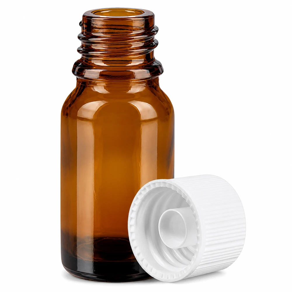 10 ml bärnstensfärgad glasflaska med UV-skydd och vitt lock för ljuskänsliga ämnen