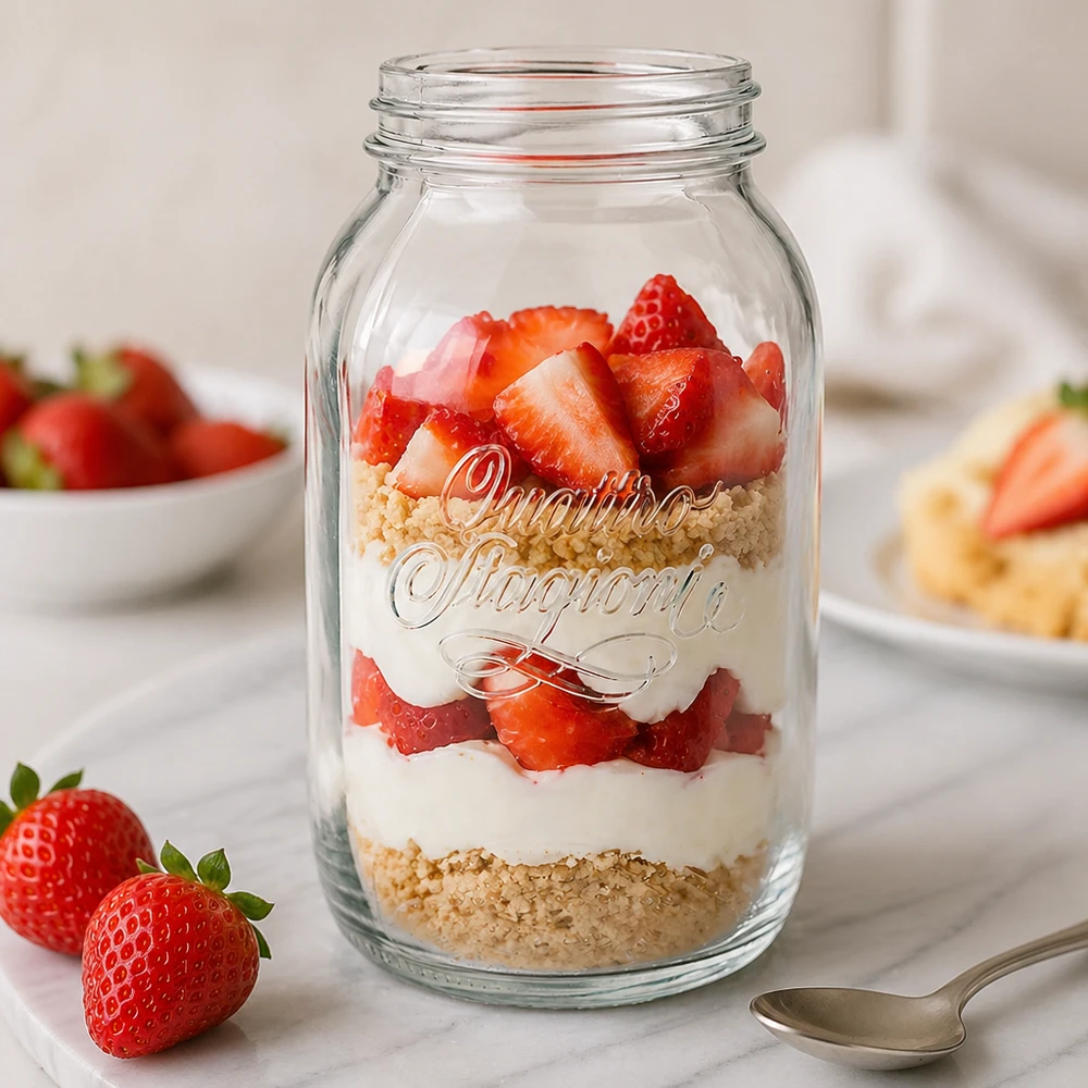 1500ml runt glas "Quattro Stagioni" QS86mm Quattro Stagioni 1500ml Einmachglas mit Schichtdessert aus Erdbeeren und Creme - perfekt für Meal Prep und Aufbewahrung