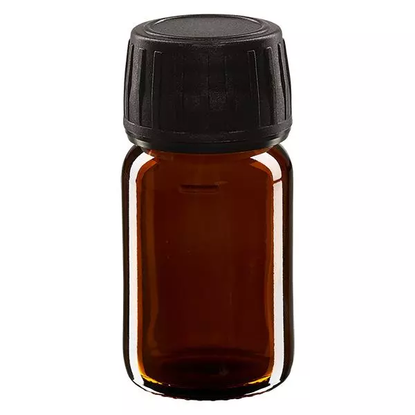 30 ml medicinflaska brun, svart lock med manipuleringssäker ring ApoGlas
