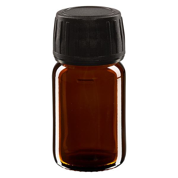 30 ml medicinflaska brun, svart lock med manipuleringssäker ring ApoGlas 30 ml medicinflaska brun, svart lock med manipuleringssäker ring ApoGlas