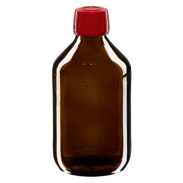 250 ml medicinflaska brun, röd kapsyl med säkerhetsring ApoGlas 250 ml medicinflaska brun, röd kapsyl med säkerhetsring ApoGlas