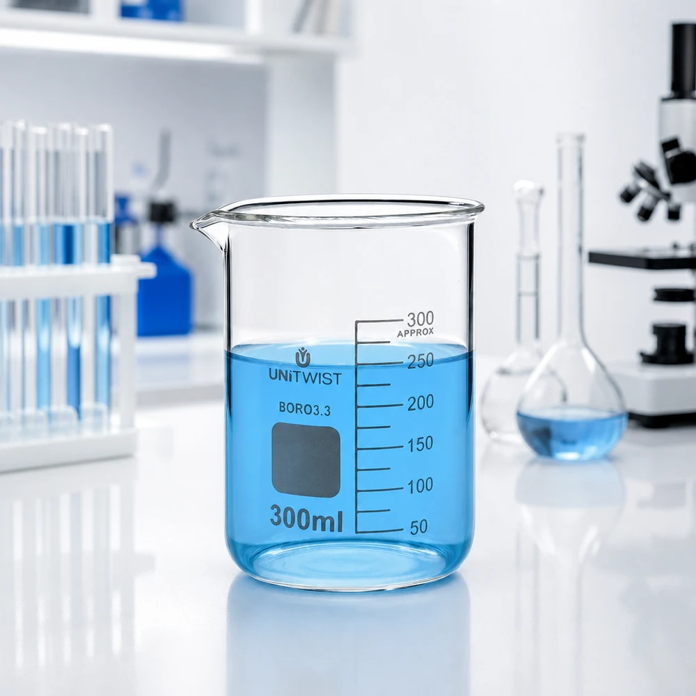 Bägare 300ml borosilikat, lågformad UNiTWIST Klart laboratoriebägareglas, 300 ml, med blå vätska och milliliterskala från UNiTWIST